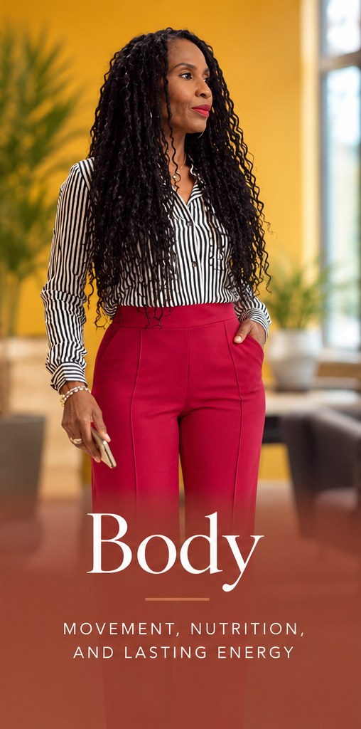 Body: movement, nutrition, and lasting energy. Erica standing tall in red trousers.