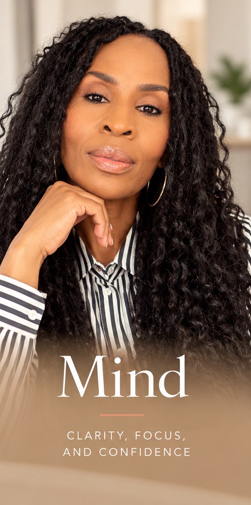 Mind: clarity, focus, and confidence. Erica in a striped shirt, chin resting on her hand.