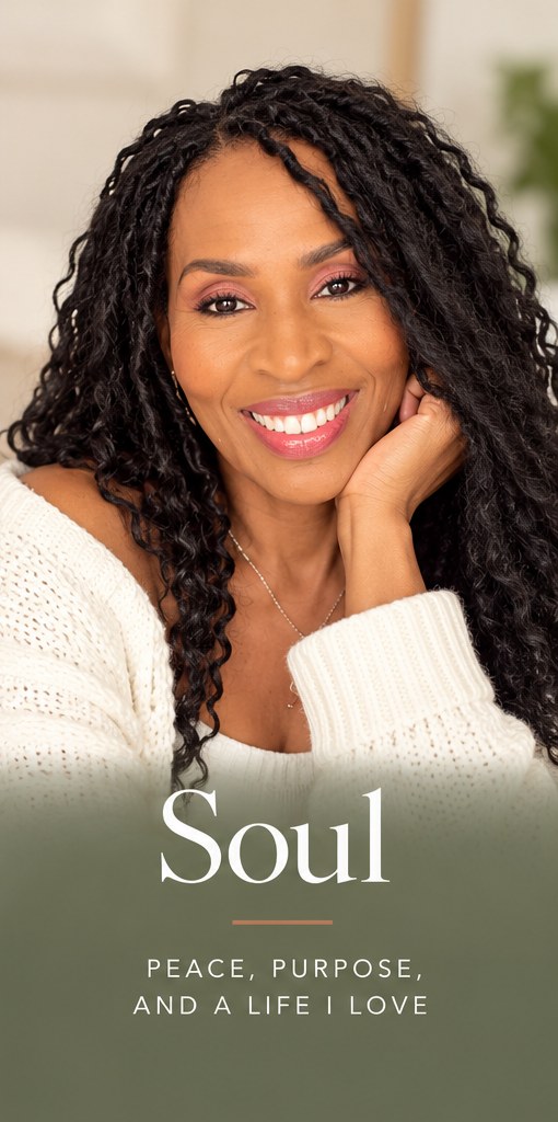 Soul: peace, purpose, and a life I love. Erica smiling in a cream sweater.
